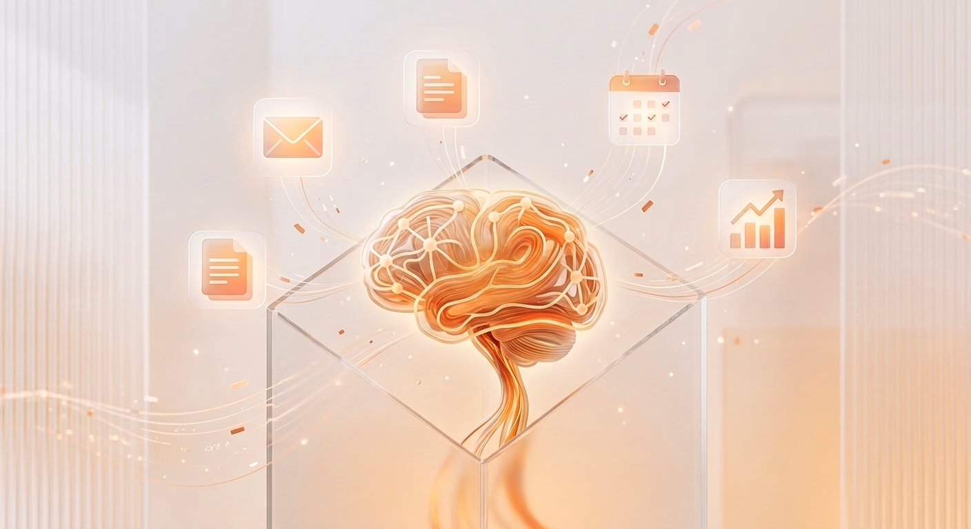 Illustration d'une intelligence artificielle sur mesure reliée à des tâches d'entreprise automatisées (e-mails, documents, agenda, suivi) pour les TPE et PME